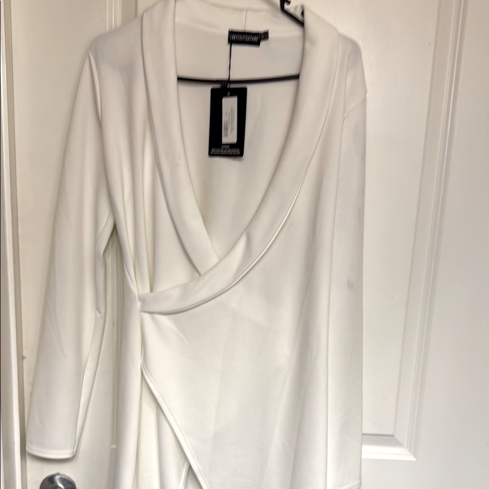 PrettyLittleThing Cream Asymmetrical Wrap Dress Plunge Neckline